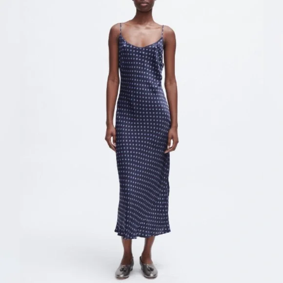 Rachel Comey Wren Satin Polka Dot Navy Blue Slip MIdi Spring Dress Size 8 - Picture 1 of 11